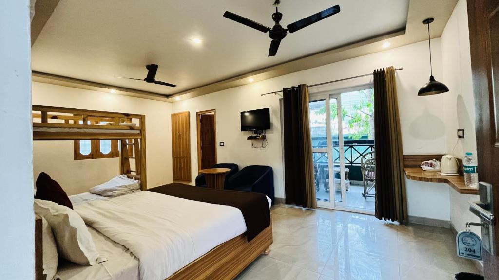 Modern bathroom with a white bathtub and amenities at the resort.